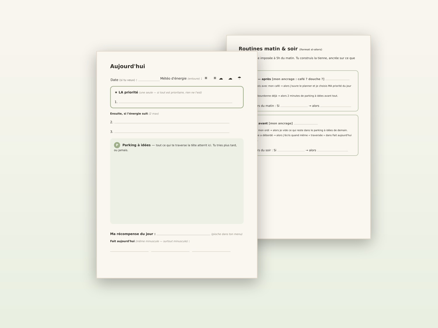 Le carnet Focus Reset ouvert : la page du jour et les routines matin et soir